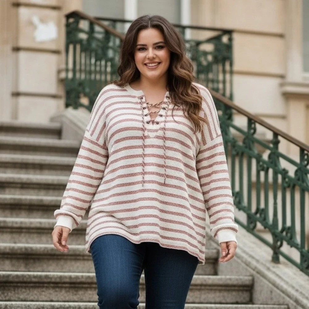 Maurices 3X Lace Up Neck Hanley Pullover Cream Mauve Stripe‎ Spring Fisherman